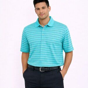 PGA Turquoise B&W Striped Short Slv Golf Polo Preppy Sporty Spring Summer Travel